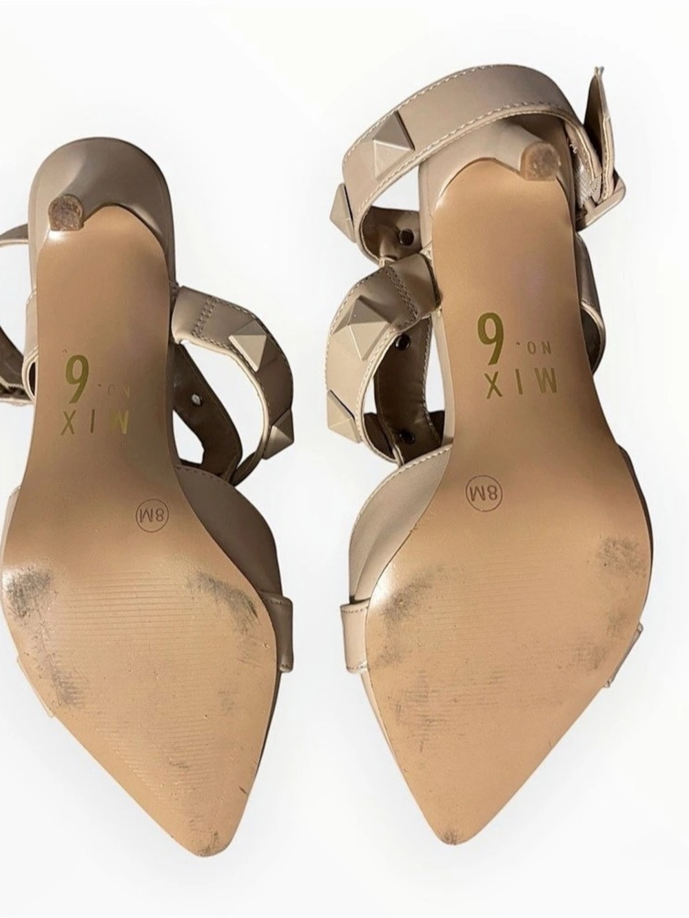 Mix No. 6 Lassy Studded T-Strap Pump Heels Nude Beige Pointed Toe - Size 8 - Picture 4 of 5